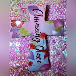 AMAZING GRACE Butterflies & Colorful Florals Blue/Pink Cross Magnet